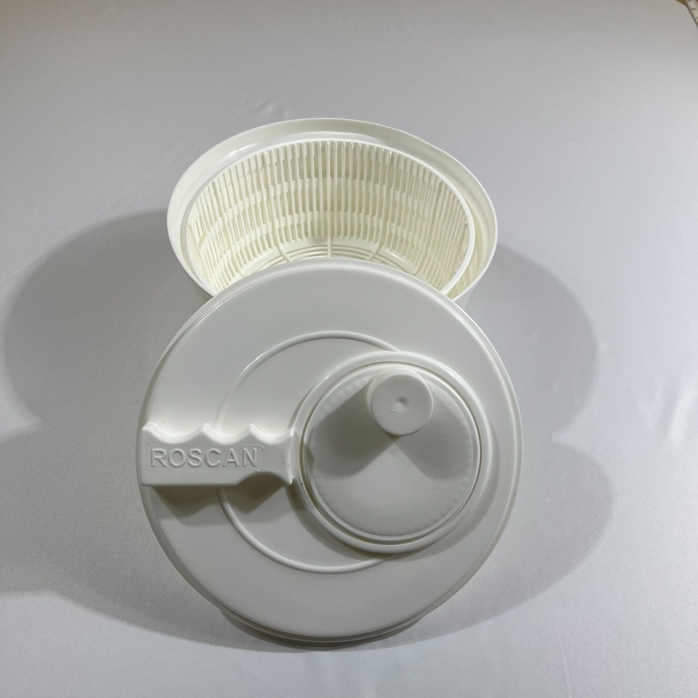 Vintage Roscan Plastic Salad Spinner White 10" Hand Crank Manual Large Bowl